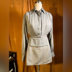 CALVIN KLEIN COLLECTION Gray Herringbonee Long Sleeve Blouse with Waist Detail